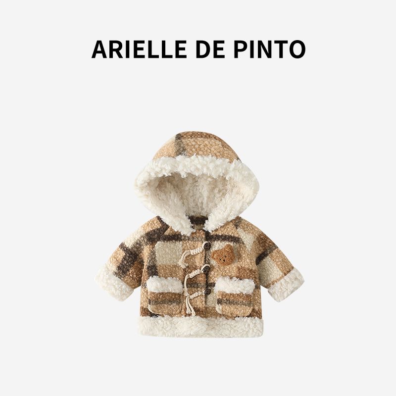 French Arielle De Pinto Girls  Coat Winter Fashion Cute Girl s Brown Plaid Wool Coat Curry color 140