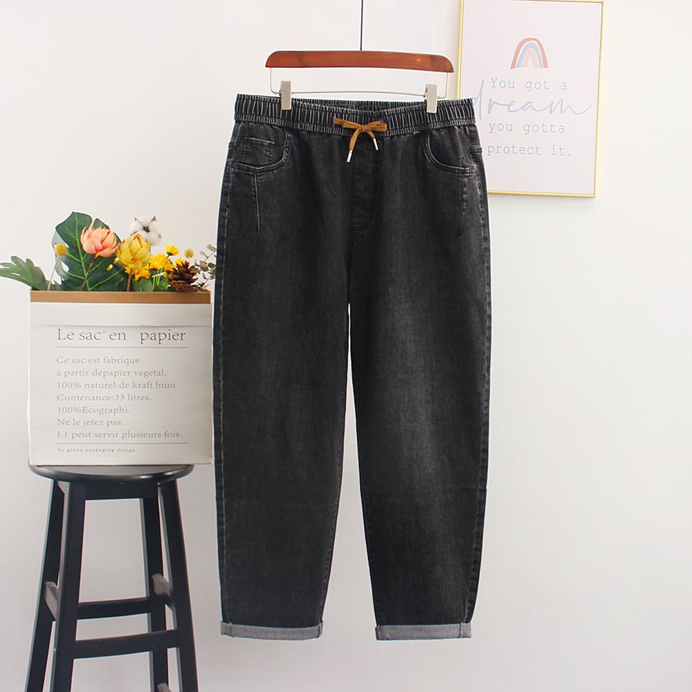 Autumn Plus Size Women s Stretch Denim Cropped Jeans with Elastic Waist - Straight Leg