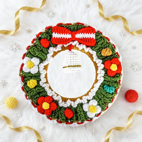 Yousheng Crochet Christmas Wreath Ornaments Handmade Knitted Wreath Hanging Decoration with Bell for Xmas Tree Holiday Wall Home Decor