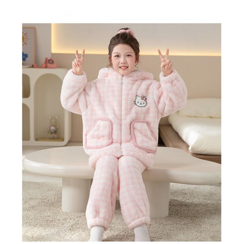 Girls Warm Coral Fleece Pajama Set With Hooded Top Pants Thick Soft Sleepwear Winter