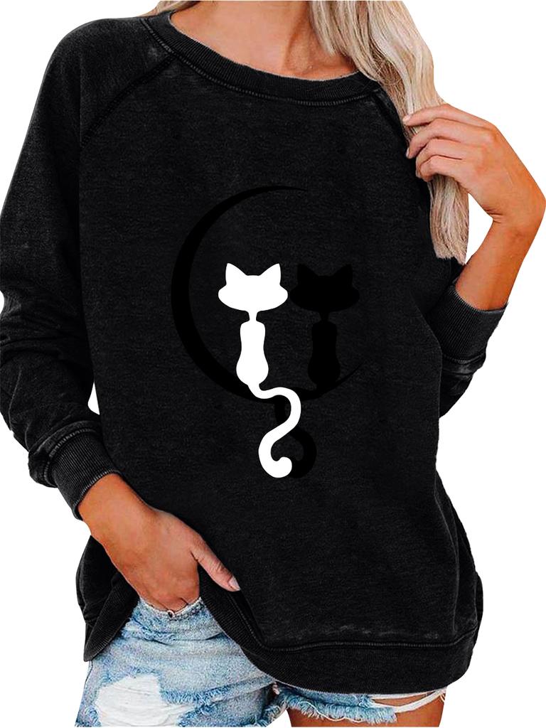 Ladies Spring/Fall Sweatshirt Women's Fashion Cat Print Top Oversized Pullover Sweatshirt