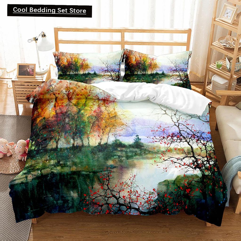 Oil Painting Landscape King Queen Duvet Cover Eiffel Tower Bedding Set Natural Scenery Quilt Cover Polyester Comforter Cover