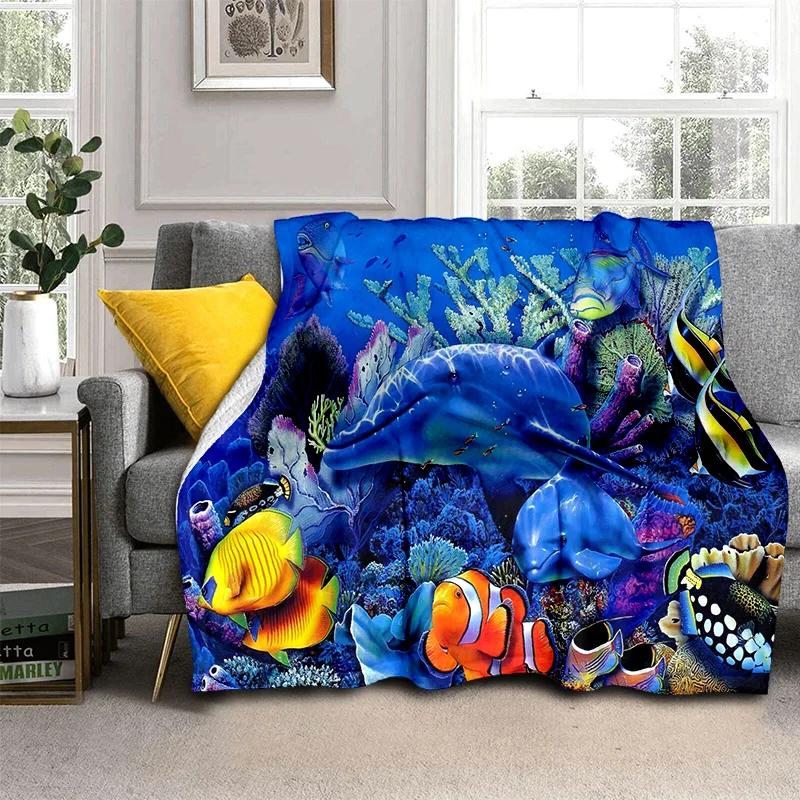 3D Underwater World Seabed Cartoon Blanket,Soft Throw Blanket for Home Bedroom Bed Sofa Picnic Travel Office Cover Blanket Kids