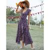 New V-neck Bohemian Vacation Style Slim Fit Tied Dress