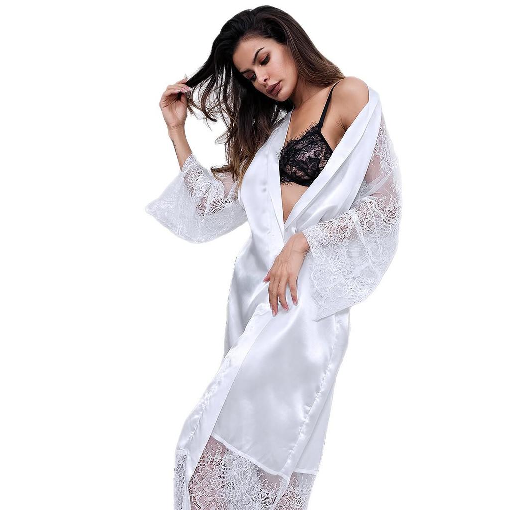 Plus Size Lace Trim Long Robe - European and American Style Erotic Lingerie Nightgown