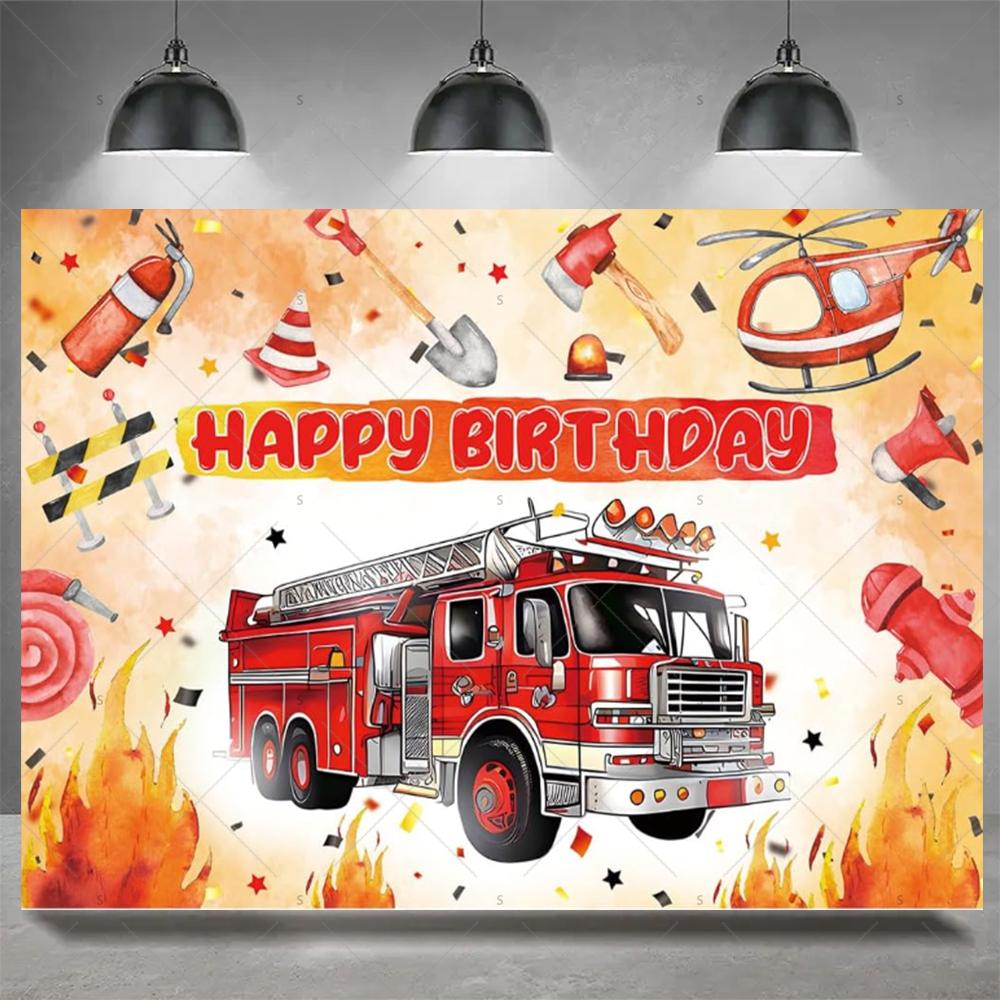 Firefighter Firetruck Theme BackgroundRed Fire Truck Children Boy Birthday Party Decor Baby Shower Photography Backdrop Props