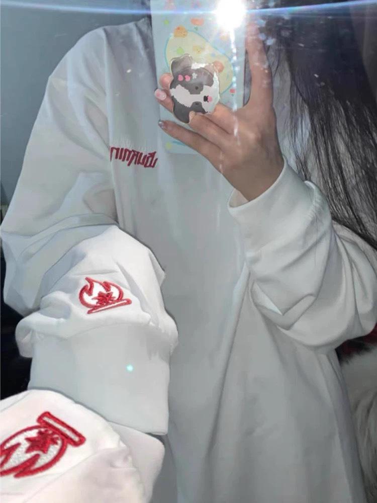 Unisex bluza z haftem płomienia - jesienno-zimowa koszulka z długim rękawem, luźny krój, warstwa bazowa