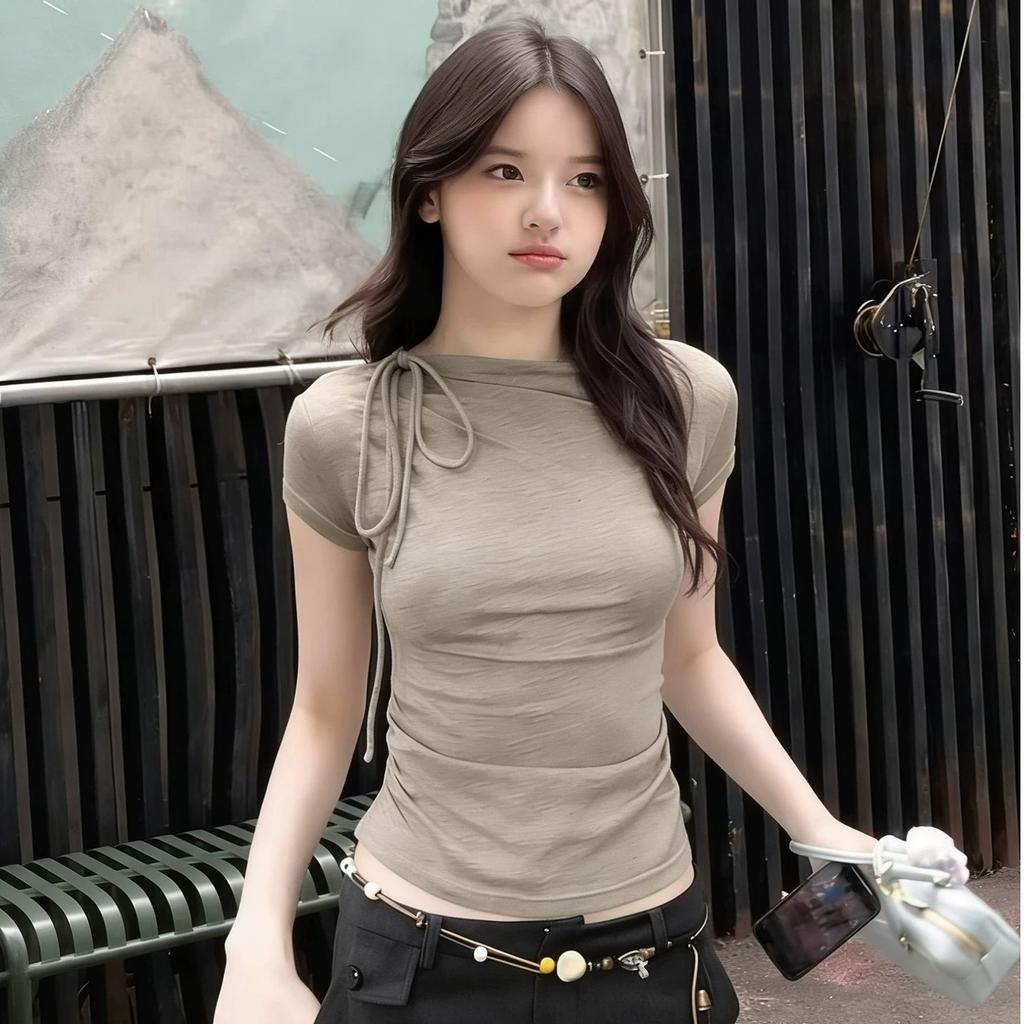 Slash Shoulder Short-sleeved T-shirt Women's Spring Summer New Three-dimensional Pleated Thin Bow Design Sense Versatile Top