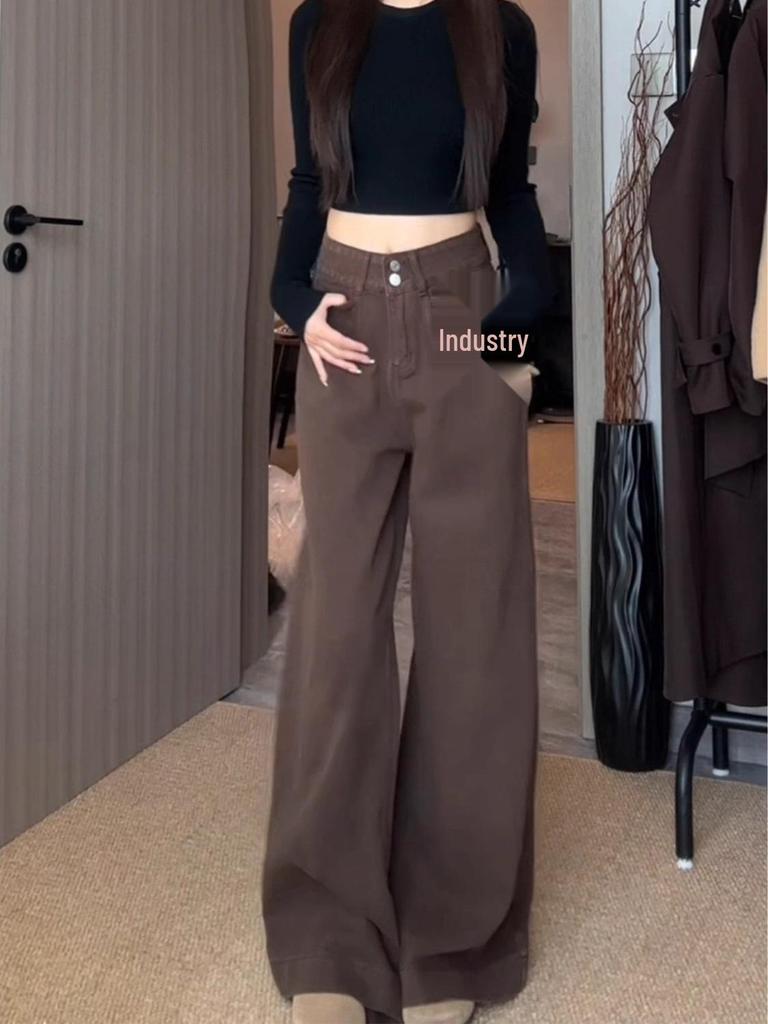 Coffee Retro Wide-Leg New Tang Women's Autumn Slimming Straight-Leg Denim Jeans
