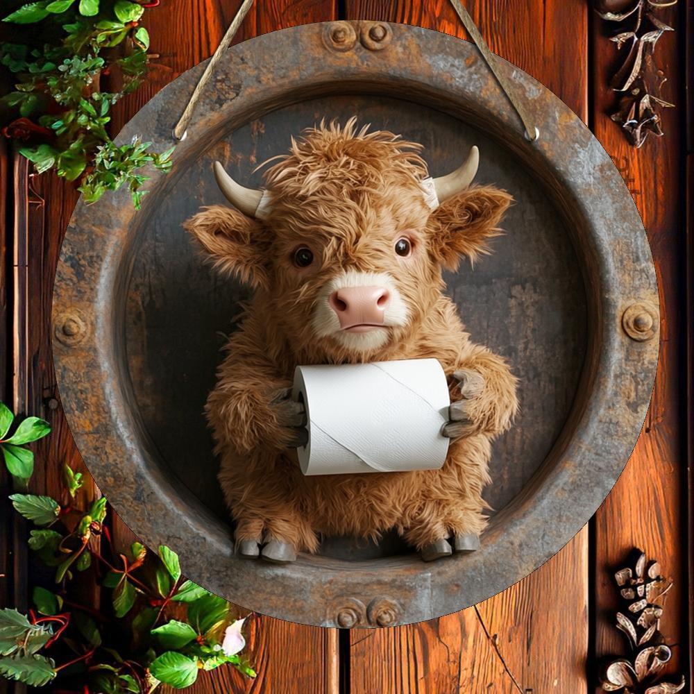 

1 шт. Юмористическая круглая деревянная табличка для ванной комнаты с шотландской коровой - Ретро 2D настенное искусство, качественный шарм, идеально подходит для дома, офиса или Shengpai Cabernet, День святого Валентина