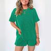 Women Casual Two Piece Set Short Sleeve Round Neck Top Elastic Waist Shorts