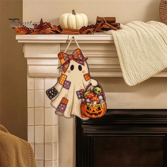 Halloween Theme Pendant Cute Bow Ghost Door Sign, Wooden Patchwork Hanging Plaque with Pumpkin Candy Basket, Indoor Entrance Hanger Retro Wall Lanyard