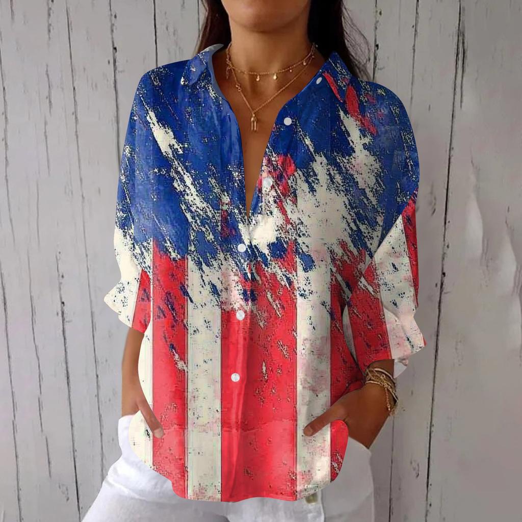Women's Fashion 3/4 Sleeve Casual Lapel Back Tie Independence Day Printed T-shirt Top