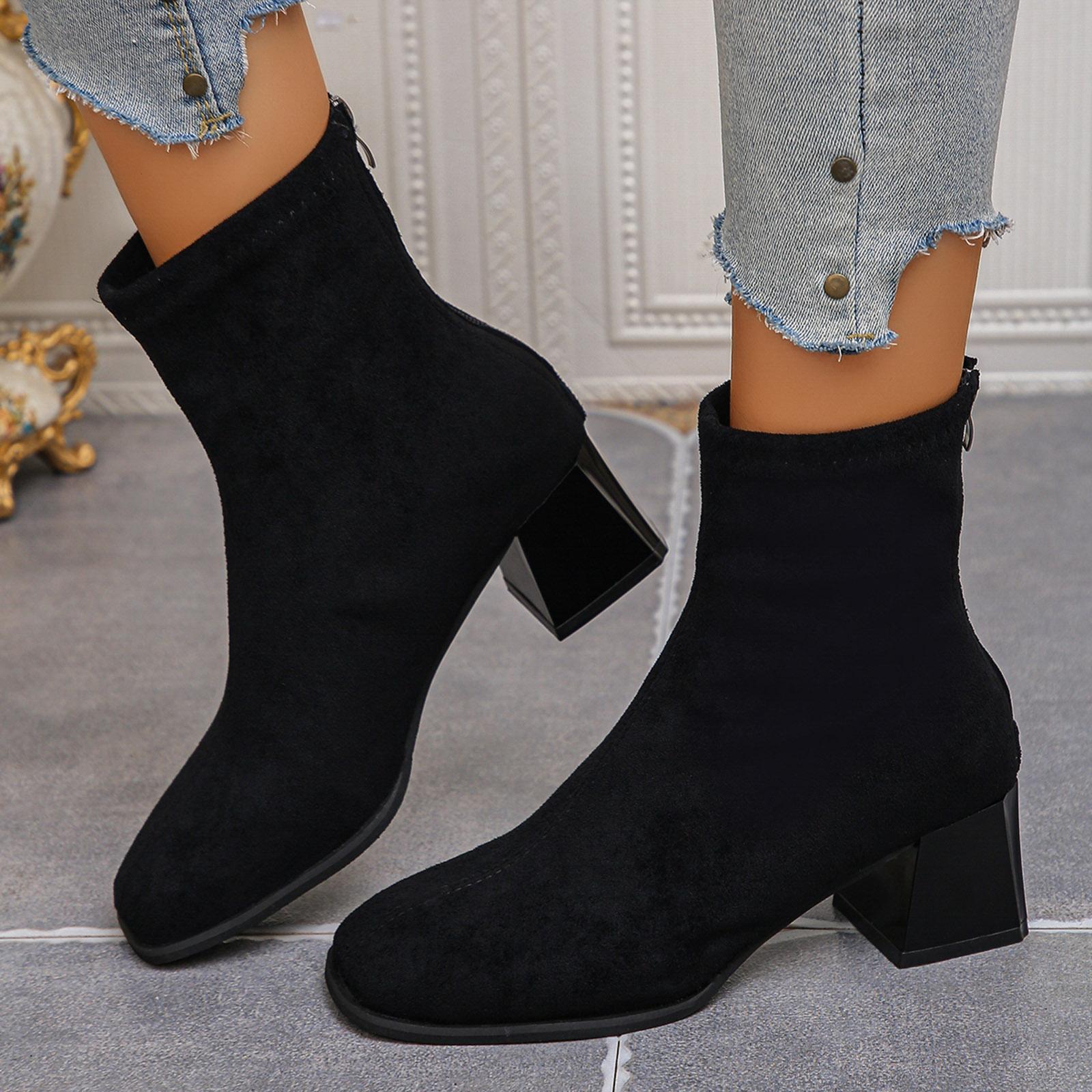 

Korean Boots For Womens Chunky Heeled Ankle Boots Square Toe Suede With Rear Zipper Women S Shoes Water Boots For Women Decor 37 чорний