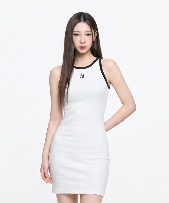 Emelbi Women'S Basic Ringer Ribbed Sleeveless Dress Ny (White) (A Type)