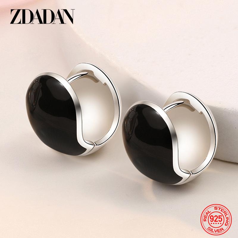 

925 Sterling Silver Black Round Hoop Earring for Women Fashion Jewelry