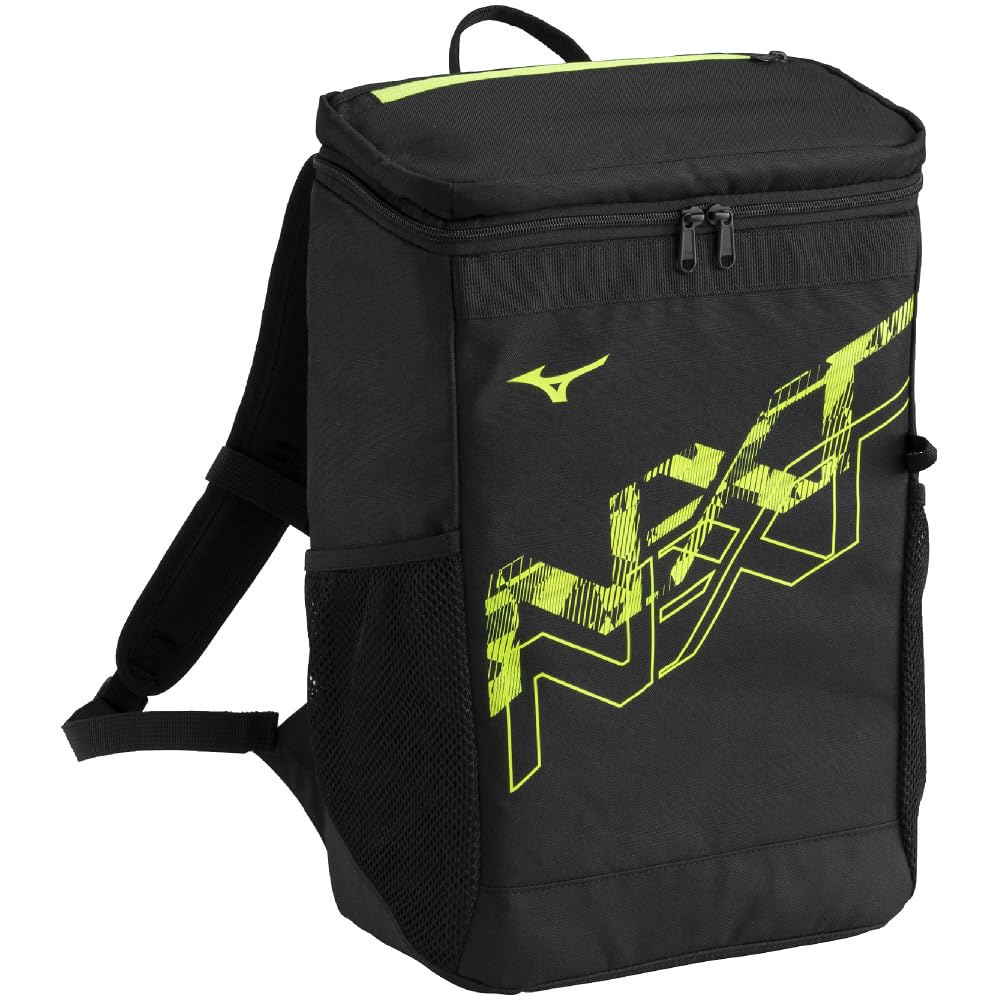 Mizuno N-XT Backpack, 20L, for School, Travel, Excursions, Club Activities, and Sports, Model 33JDC002, Black x Lime, Dimensions: L28 x W14 x H40