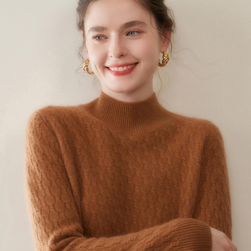 Women's Retro Cable Knit Cashmere Sweater: Autumn/Winter Half-High Collar, Thick, Loose Base Layer.