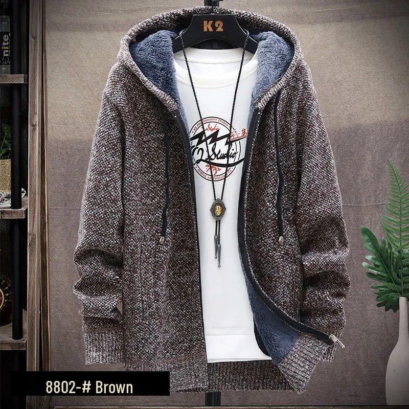 Men's Fleece-Lined Hooded Jacket: Autumn & Winter Warm Knit Cardigan, Loose Fit, Plus Size Sweater