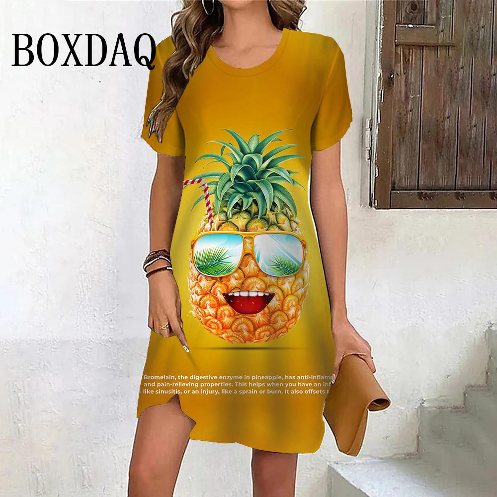 Creativity Fruit Pineapple Women Dresses Summer Vacation Loose Beach Print Dress Fashion Sweet Short Sleeve Hip Hop Dress S
