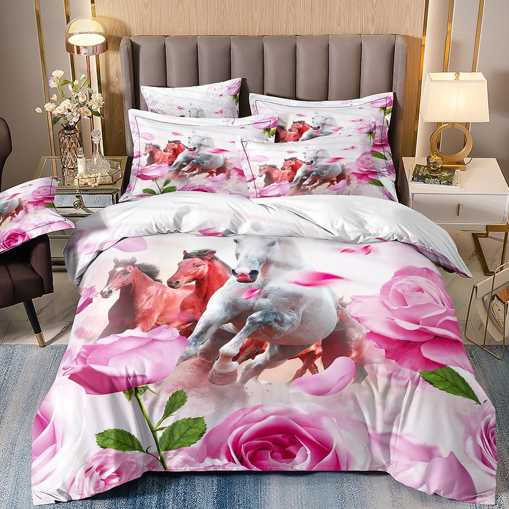 Horse Three-Piece Flower 3D Digital Printing Quilt Cover Bed Sheet Pillowcase Bedding Kit