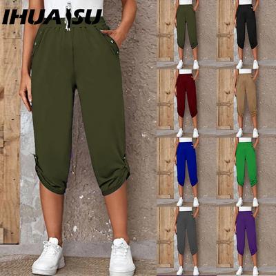 Pantalon court pour femme avec poches et taille élastique, boutons d'été