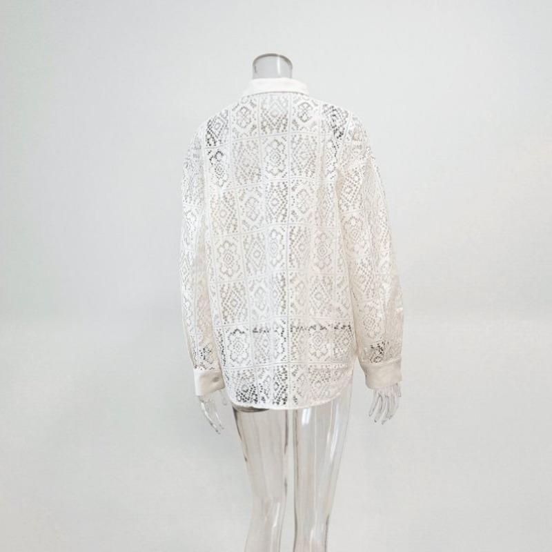 Móda Vintage Elegantní Vyšívané Krajkové Košile Dámské Dlouhý Rukáv Volné Ležérní Dámské Halenky Léto Jednobarevné Zapínání na Knoflíky Košile Topy Dámské Oblečení 26263