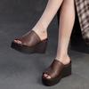 Fashion 8.5cm Ethnic Cow Genuine Leather Peep Toe Women Flats Leisure Slip on Platform Wedge Flats Slippers Summer Comfy Shoes