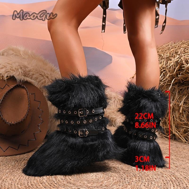 Fashion Faux Fur Boots Women Winter Snow Boots Luxury Fluffy Fuzzy Short Botas Warm Cozy Mid-Calf Botas Mujer Cross Belt Buckle PlusSize
