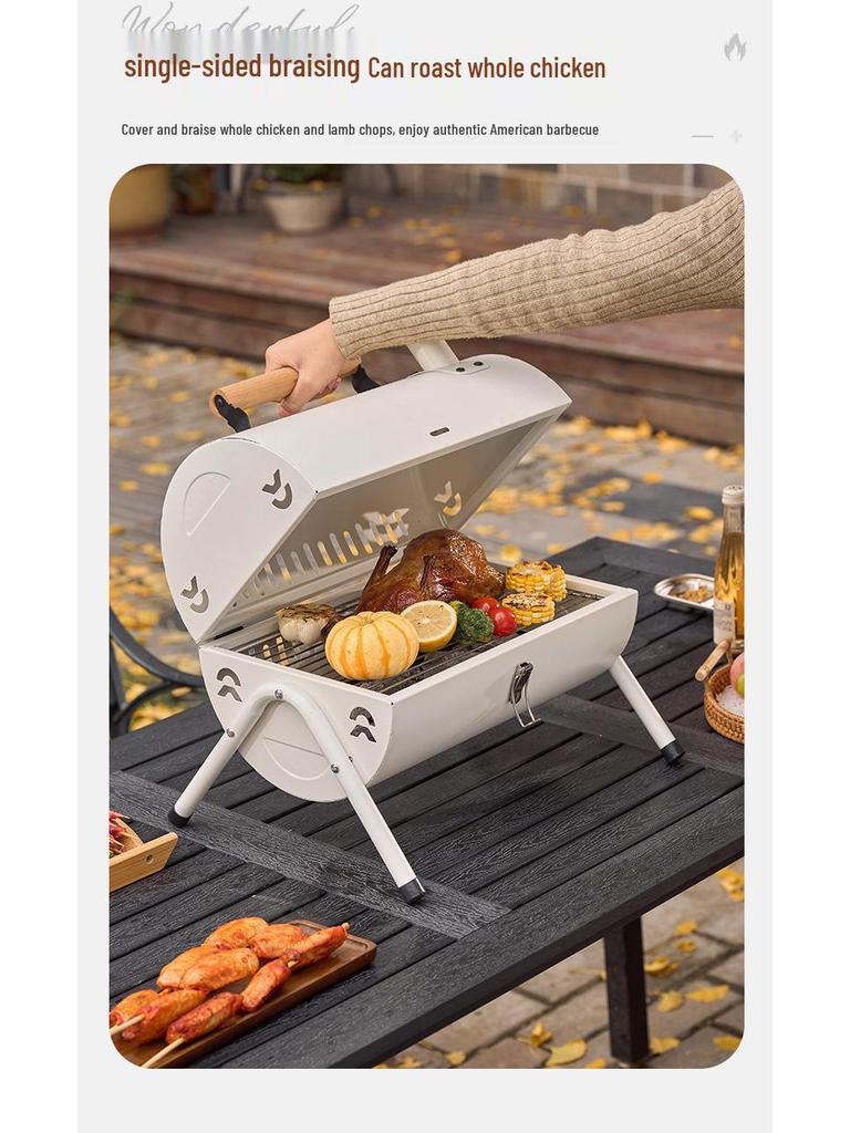 Grătar Portabil de Exterior pe Cărbune cu Coș de Fum pentru Barbecue - Afumător de Carne Portabil pentru Gătit în Curte