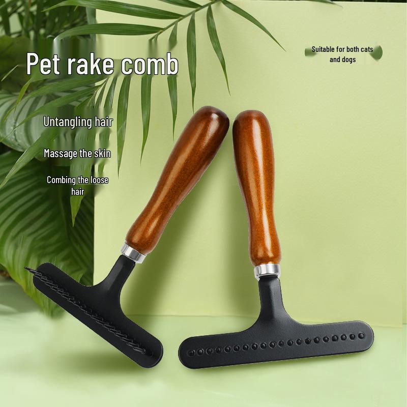 

Rubber Handle Pet Hair & Nail Rake Comb for Medium & Large Dogs Wood Handle Black Rake (OPP Packaging)