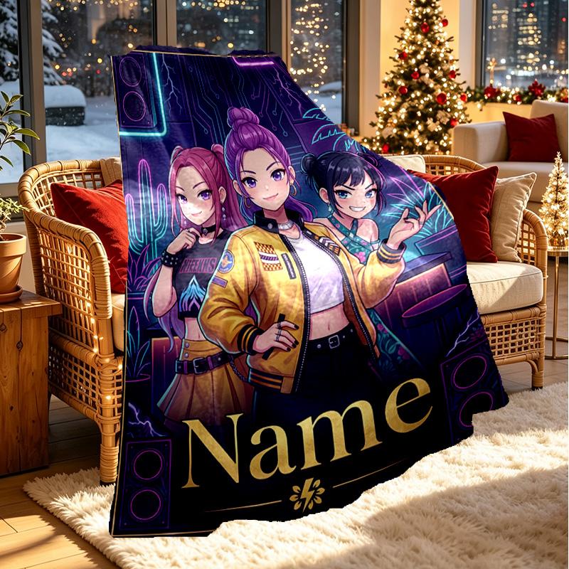 Custom Name Personalized Kpop Demon Hunter Print Blanket, Home Decor, Bedroom, Sofa, Camping, Couch, Gifts for Birthday Christmas