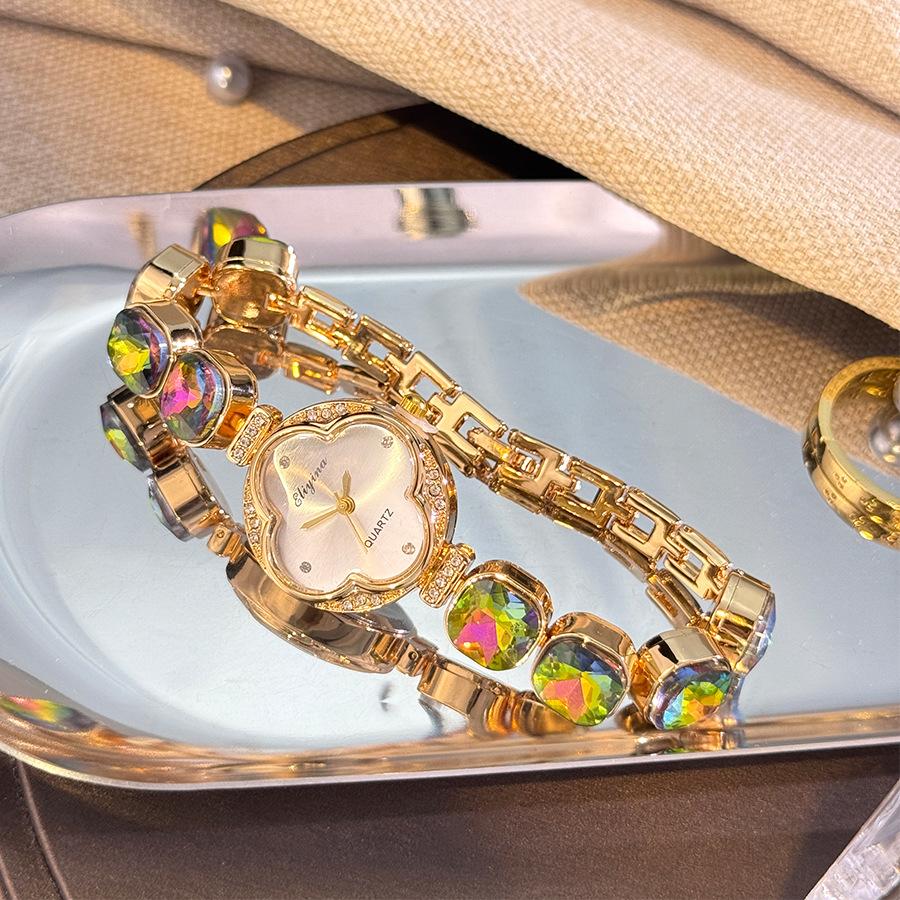 Βραχιόλι Premium με πολύτιμους λίθους και διαμάντια, Τετράφυλλο τριφύλλι, Ζωντανή μετάδοση, Ρολόι γυναικείο, Χαλαζίας