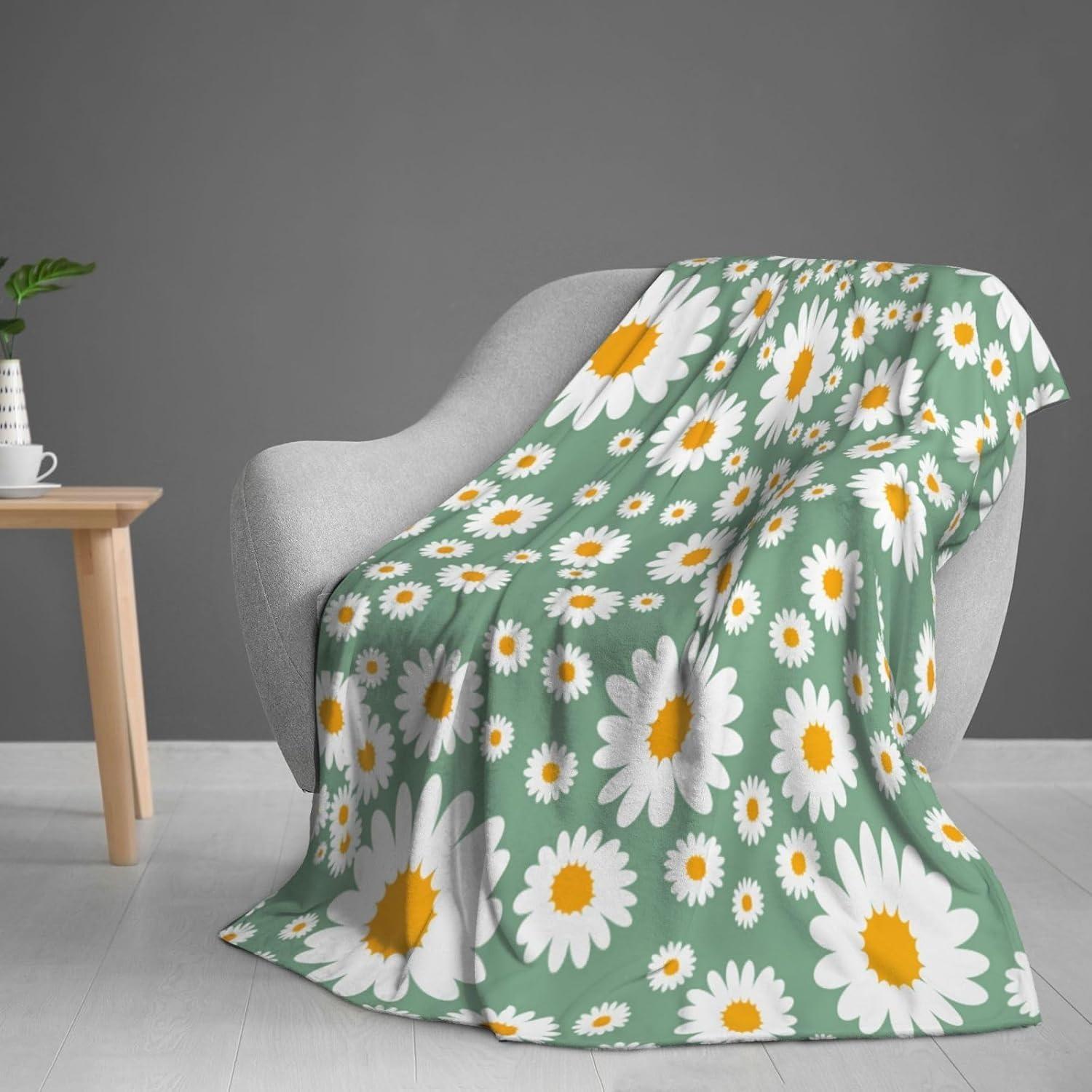 

1PC White Daisy pattern Throw Thin Blanket Gifts for Couch Bed Car Home Camping For Lovely Flowers Fruit Lovers all season use 75cmx90cm