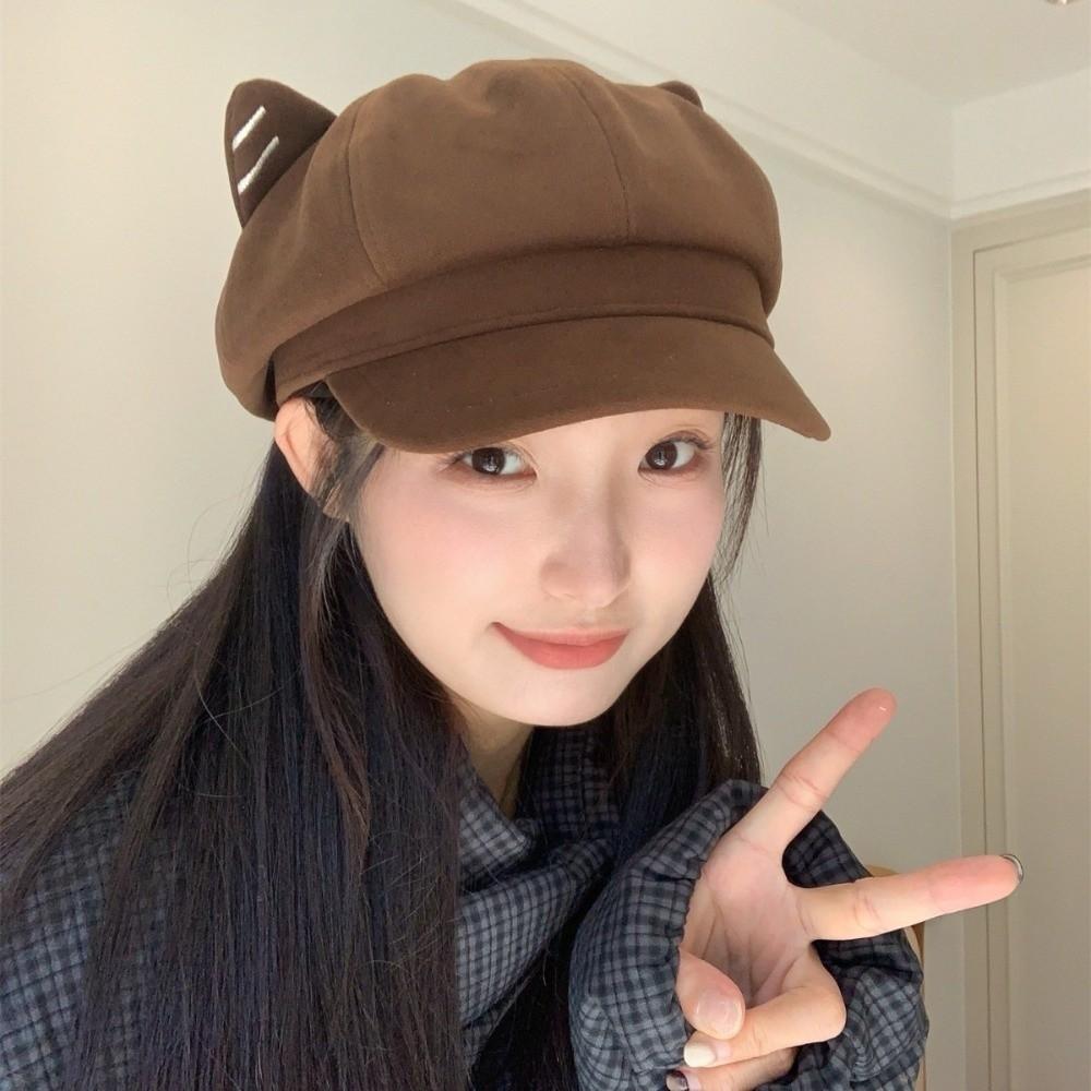 Solid Color Cat Ear Hat Woolen Octagonal Cap Fashion British Beret Hat  Autumn Winter