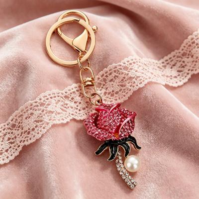 Keychain Pendant Sparkling Inlaid Rhinestones Rose Design Imitation Pearl Key Chain Lightweight