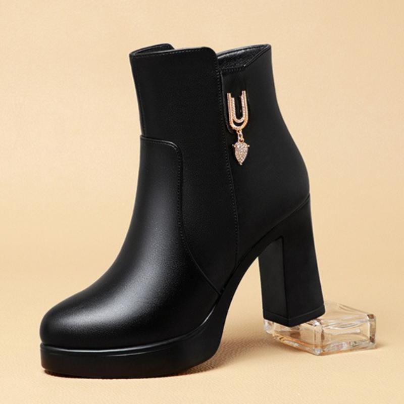 Women's Autumn/Winter High-Heeled Short Boots with Chunky Heels and Fleece Lining