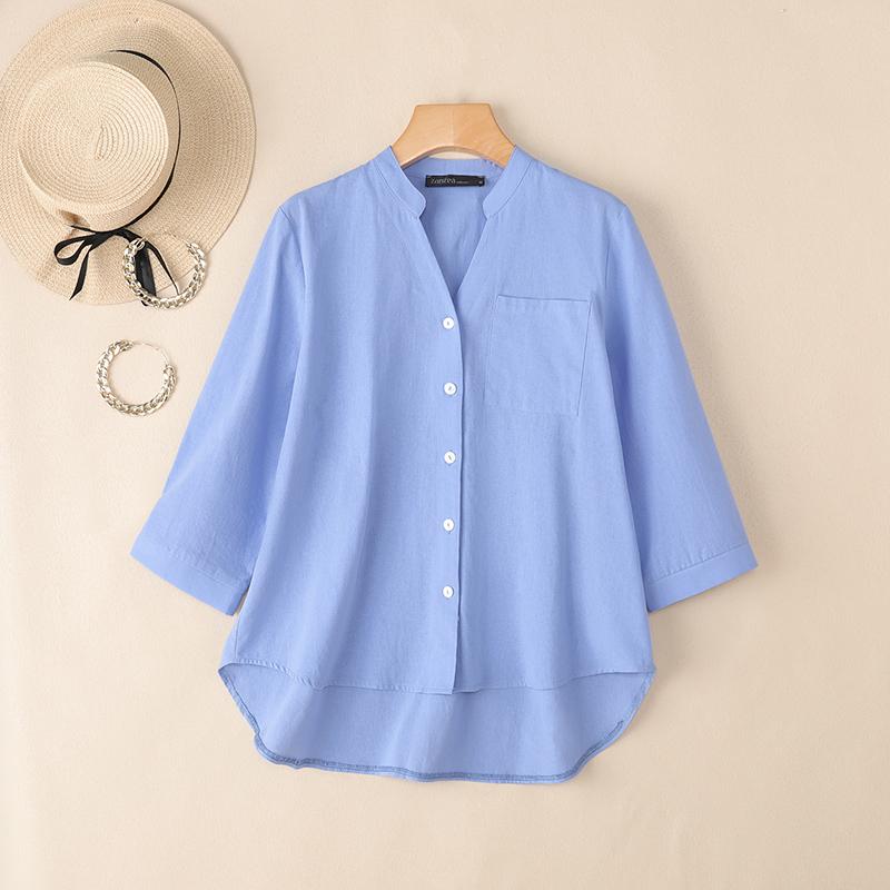 ZANZEA Women Casual V-Neck Solid Color Loose 3/4 Sleeve Cotton Blouse