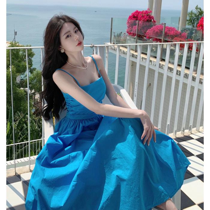 

Yunnan Dali travel wear dress women Sanya vacation photo beach dress Hainan French suspender long dress fairy XL синій