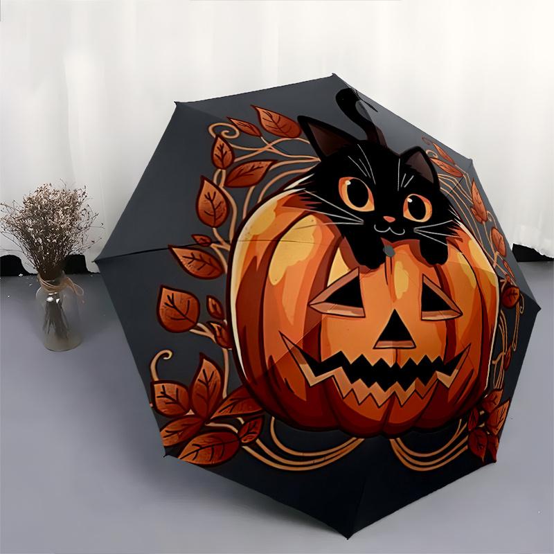 1pc Pumpkin and Flowers Cat Durable Cartoon Folding Umbrella, Portable 3-Fold Compact Umbrella for Men and Women, Suitable for Travel or Daily Us