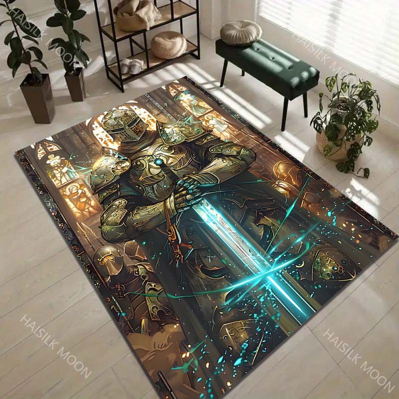 Knight holding glowing sword Print Carpet Rug for Living Room Bedroom Sofa Doormat Home Decor Non-slip Floor Mat