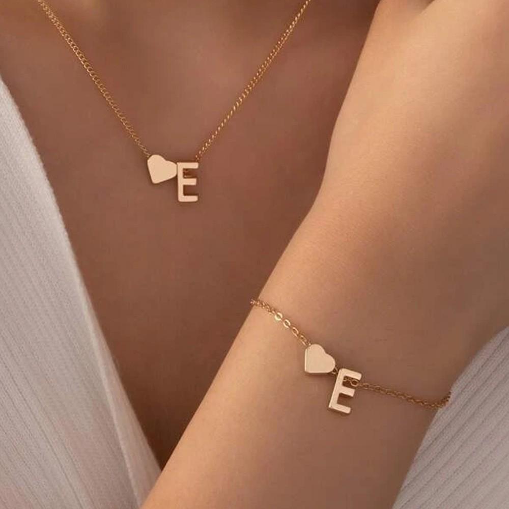 Retro Metal Heart 'M' Necklace & Bracelet Set for Women - European & American Letter Jewelry