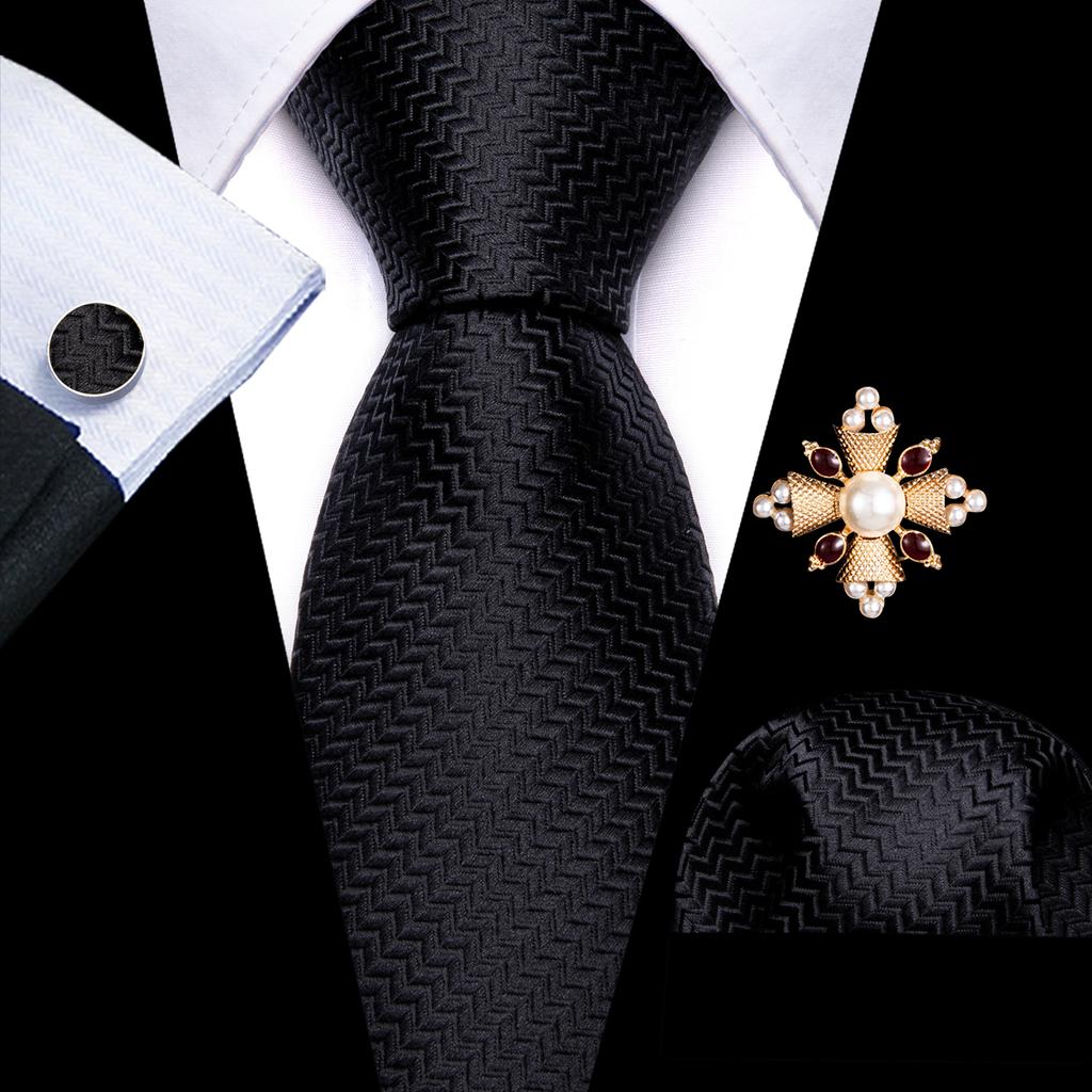 Pearl Brooch with Silk Tie for Men Vintage Floral Teal Necktie Hanky Cufflinks Gift Formal Set
