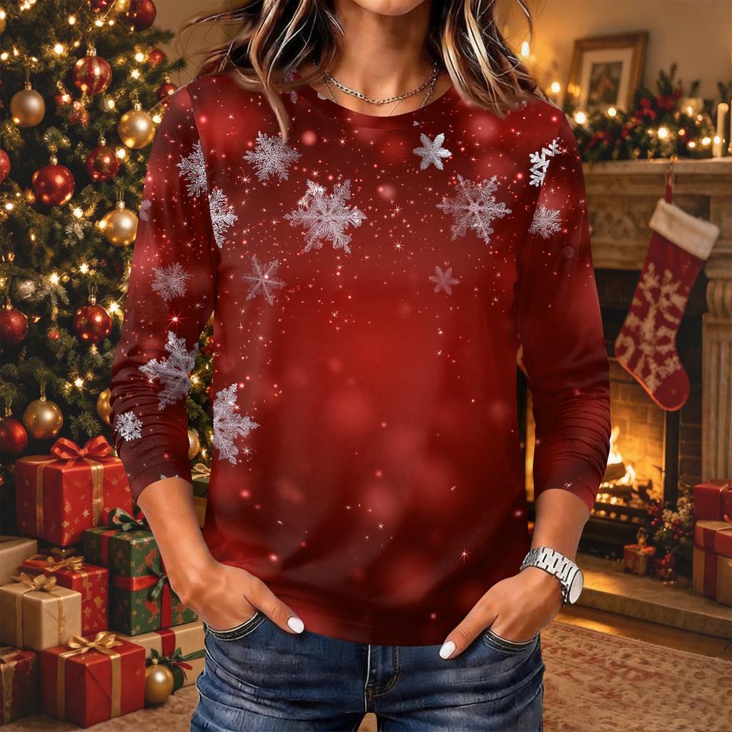 Women's Christmas Print Long Sleeve Neck Pullover Top