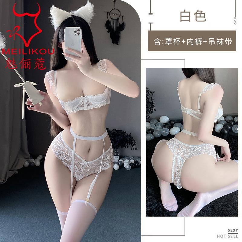 Erotic underwear summer European and American sexy three-point private room lace bra passion free set