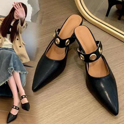 Weiche Leder-Taschenkopf-Halbschuhe Damen Dünner Absatz Spitze Mules Schuhe Hoher Absatz Vielseitig Coole Hausschuhe 2025 Frühling Außenhandel Neu