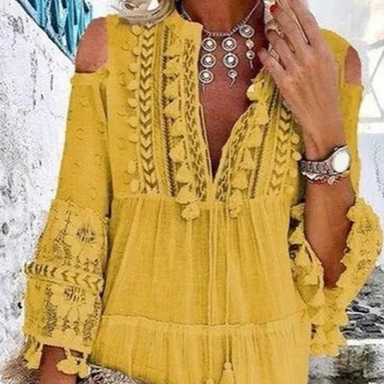 V Neck 45720 Sleeve Cold Shoulder Front Lace-up High-Waist Boho Dress Retro