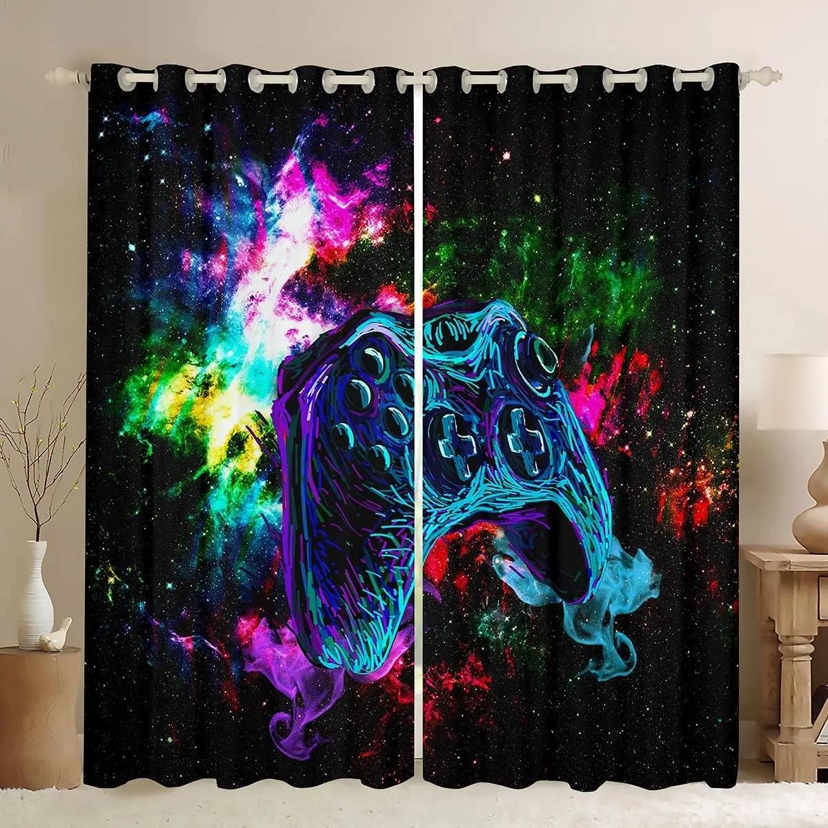 

Customized Size Cheap 3D Green Fluorescent Gamepad Controller Digital Printed Curtains for Window Blinds Boys Child Bedroom cortinas 2x50W130H(CM)&hook