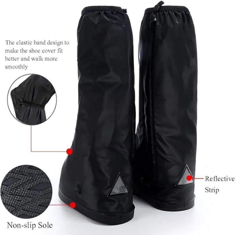 Black Reusable Foldable Rain Shoe Covers (1 Pair)Non-Slip, with Reflector Zipper Ideal for Cycling,Motorcycle for Women & Men.