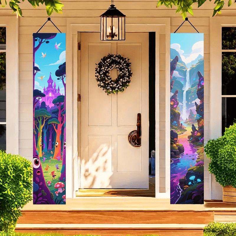 2D Flat, 2pcs 2D Flat Banner Door Hanging Flags with Vivid Purple Suitable for Home Decor, Garden, Porch & Party Decoration - Chinese Couplet Design,